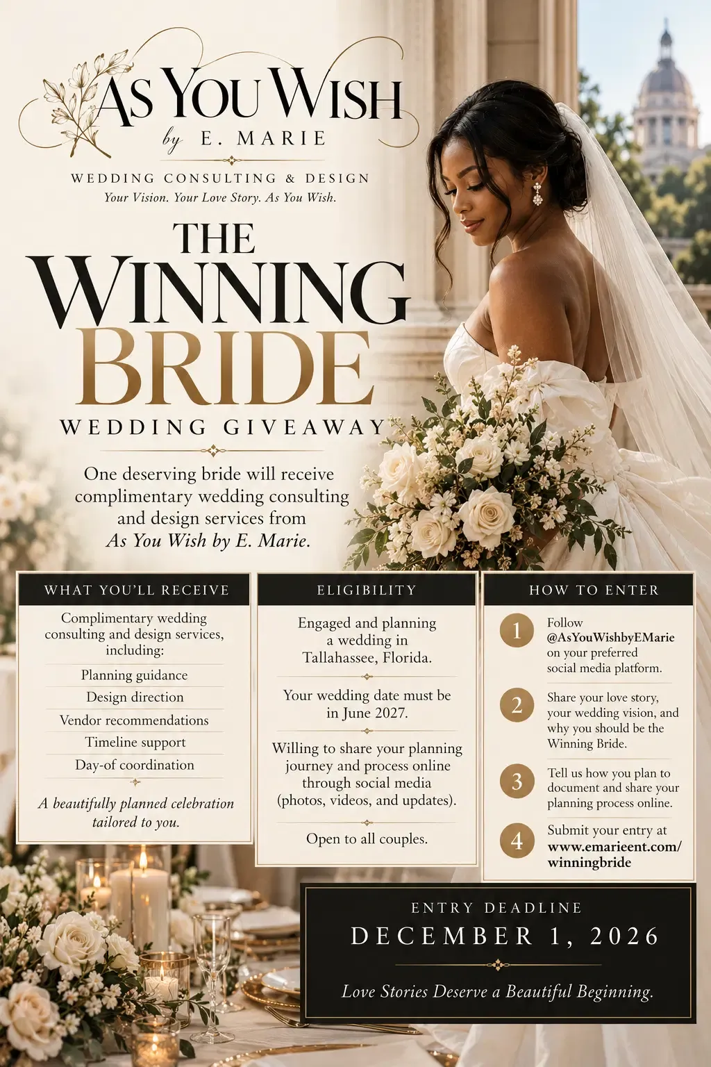 The Winning Bride wedding giveaway for a couple planning a Tallahassee wedding in June 2027. Entry deadline December 1, 2026.