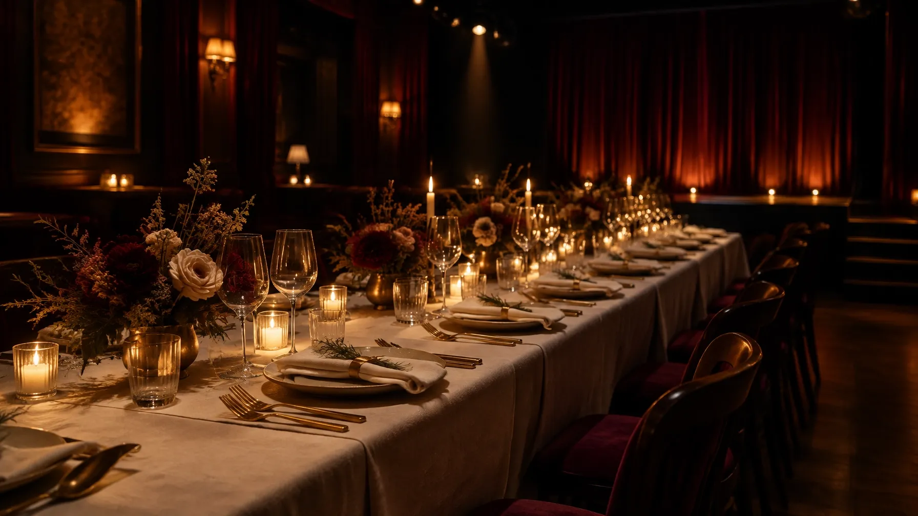 A long candlelit dinner table set with linen, glassware, place settings, and florals in a dark theatrical room